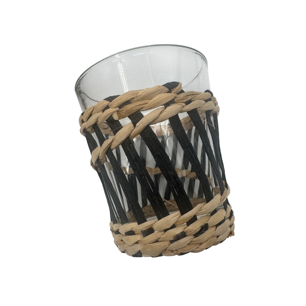 Woven Rattan Wrapped Glass Tumblers Whisky Glasses Set of 4 Natural Black Boho